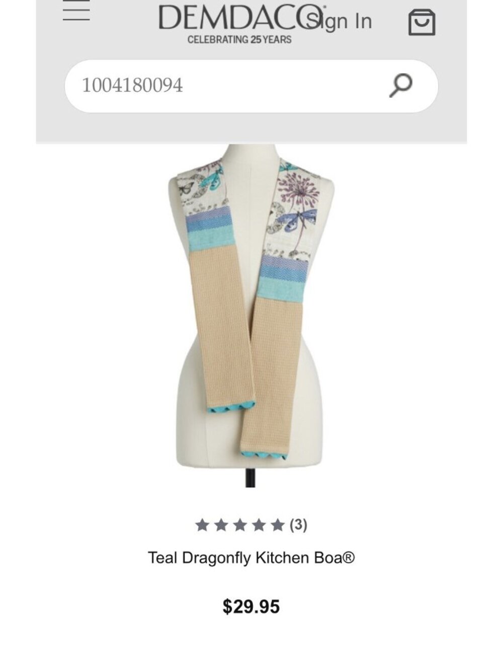 Dragonfly Teal Extra Long Cotton Blend Over The Shoulder Kitchen Towel Boa